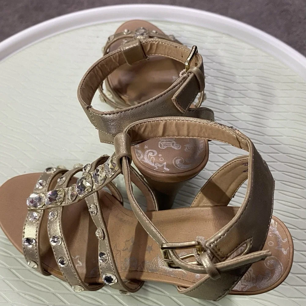BRASH STRAPPY WEDGE HEELS SHOES SIZE 7‎ GOLD STRAPS WITH RHINESTONES 4